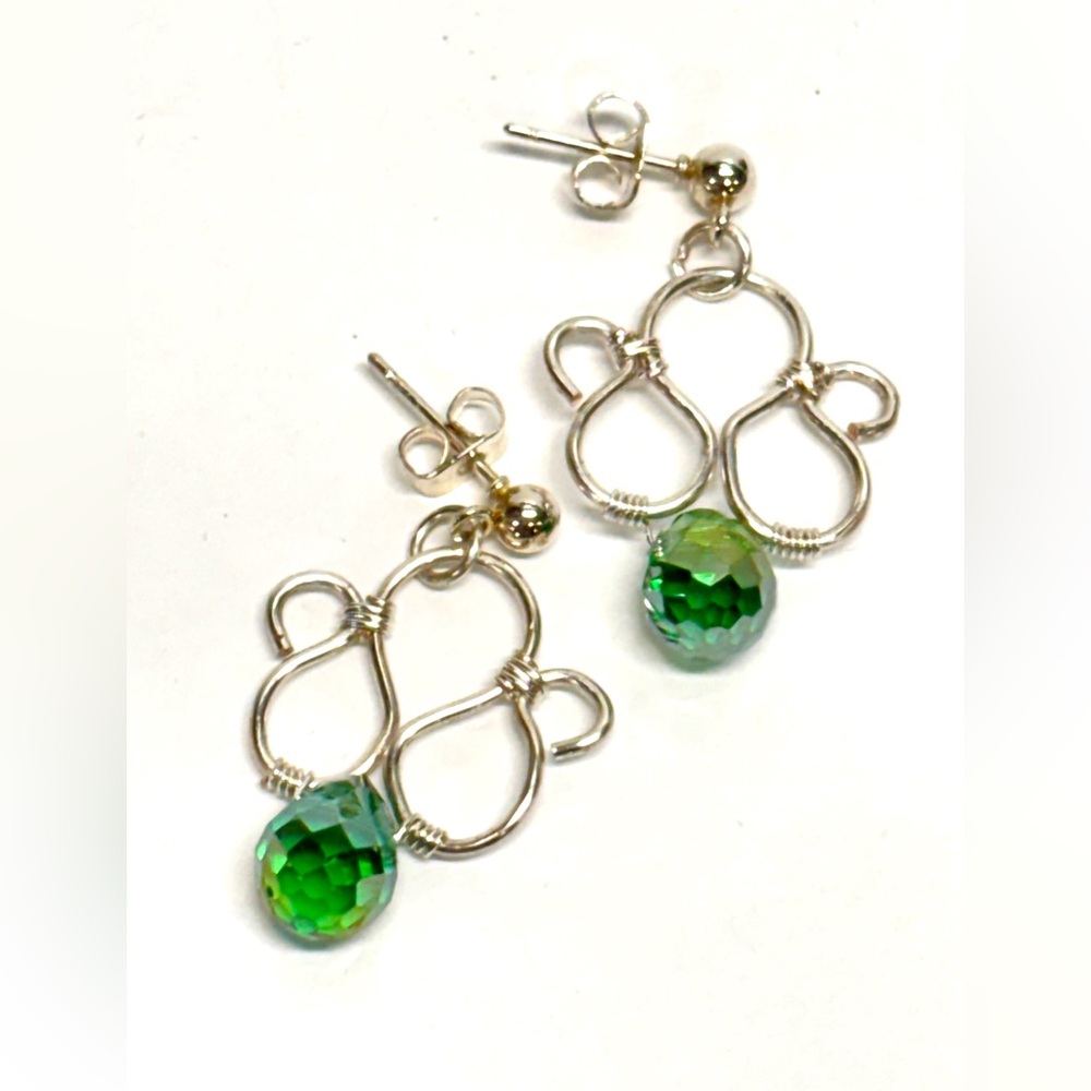 HANDMADE Faceted Crystal Briolette Hand Wrapped Silver Plate Copper Earrings